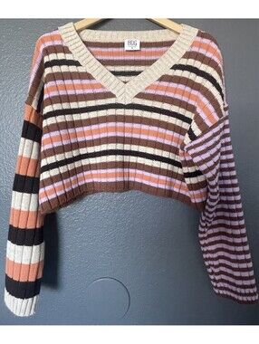 BDG Urban Outfitters V Neck Sweater Sz S Pullover Stripe Pattern Crop LS
